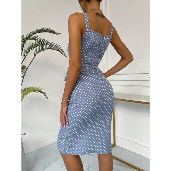 Polka Dot faux Button down Split Hem Belted Cami Bodycon Dress blue - Picture 3 of 6